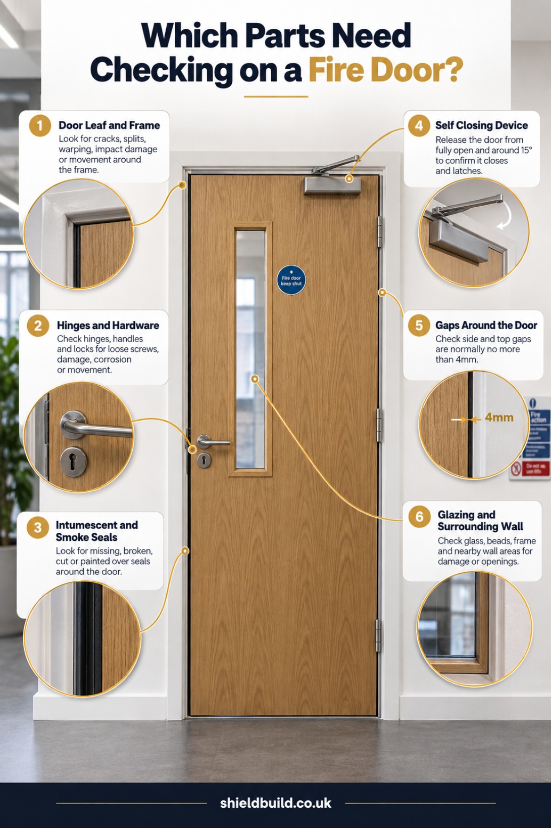Which parts need checking on a fire door